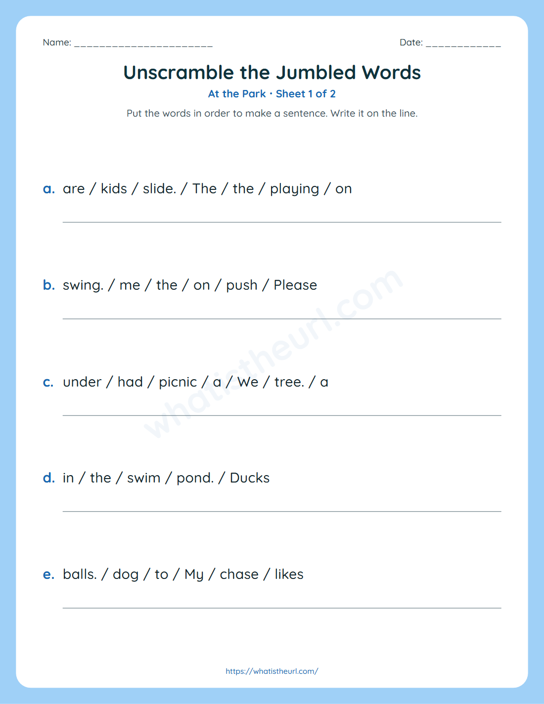 Unscramble the jumbled words worksheet for grade 2 - at the park