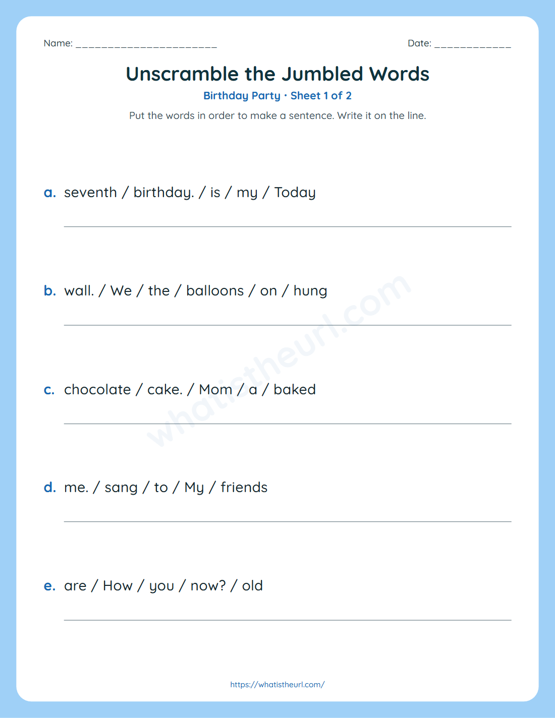 Unscramble the jumbled words worksheet for grade 2 - birthday party