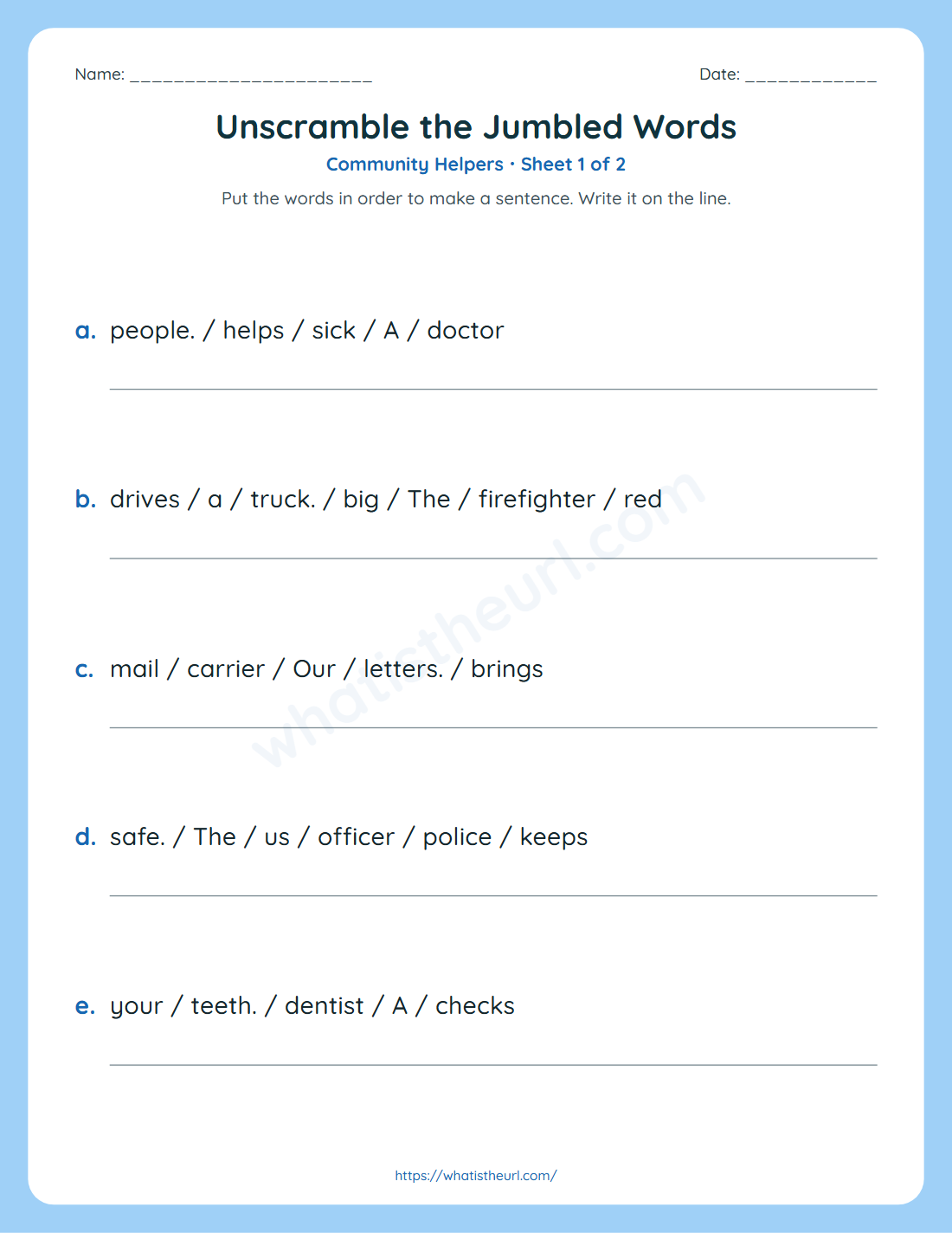 Unscramble the jumbled words worksheet for grade 2 - community helpers