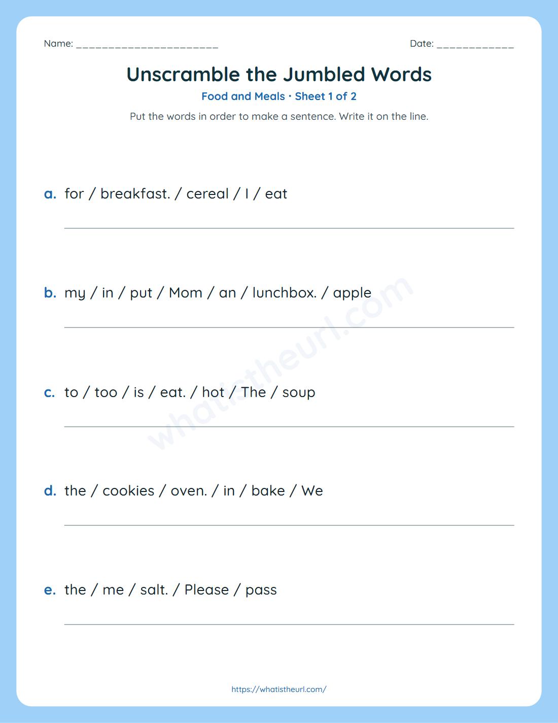 Unscramble the jumbled words worksheet for grade 2 - food and meals