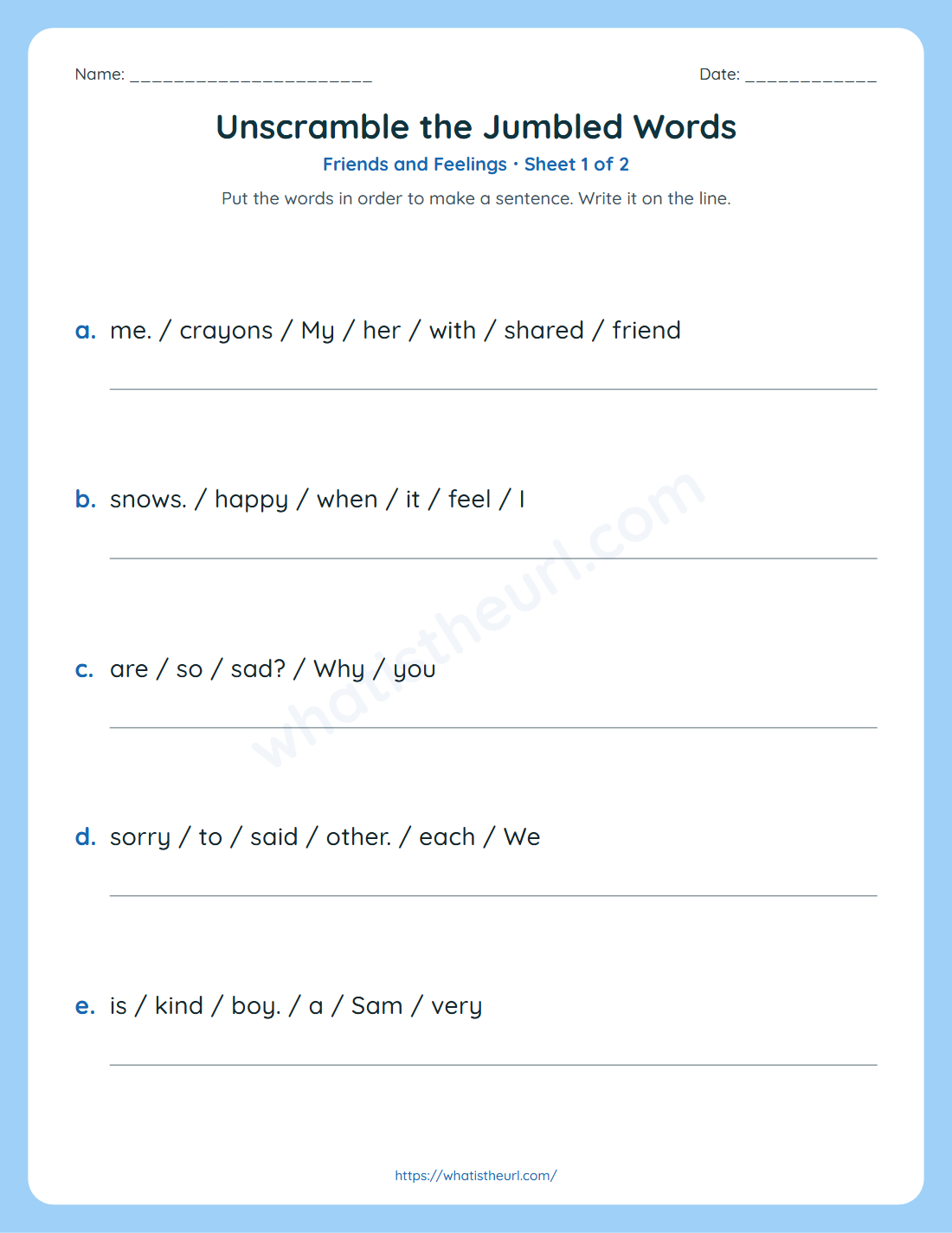 Unscramble the jumbled words worksheet for grade 2 - friends and feelings