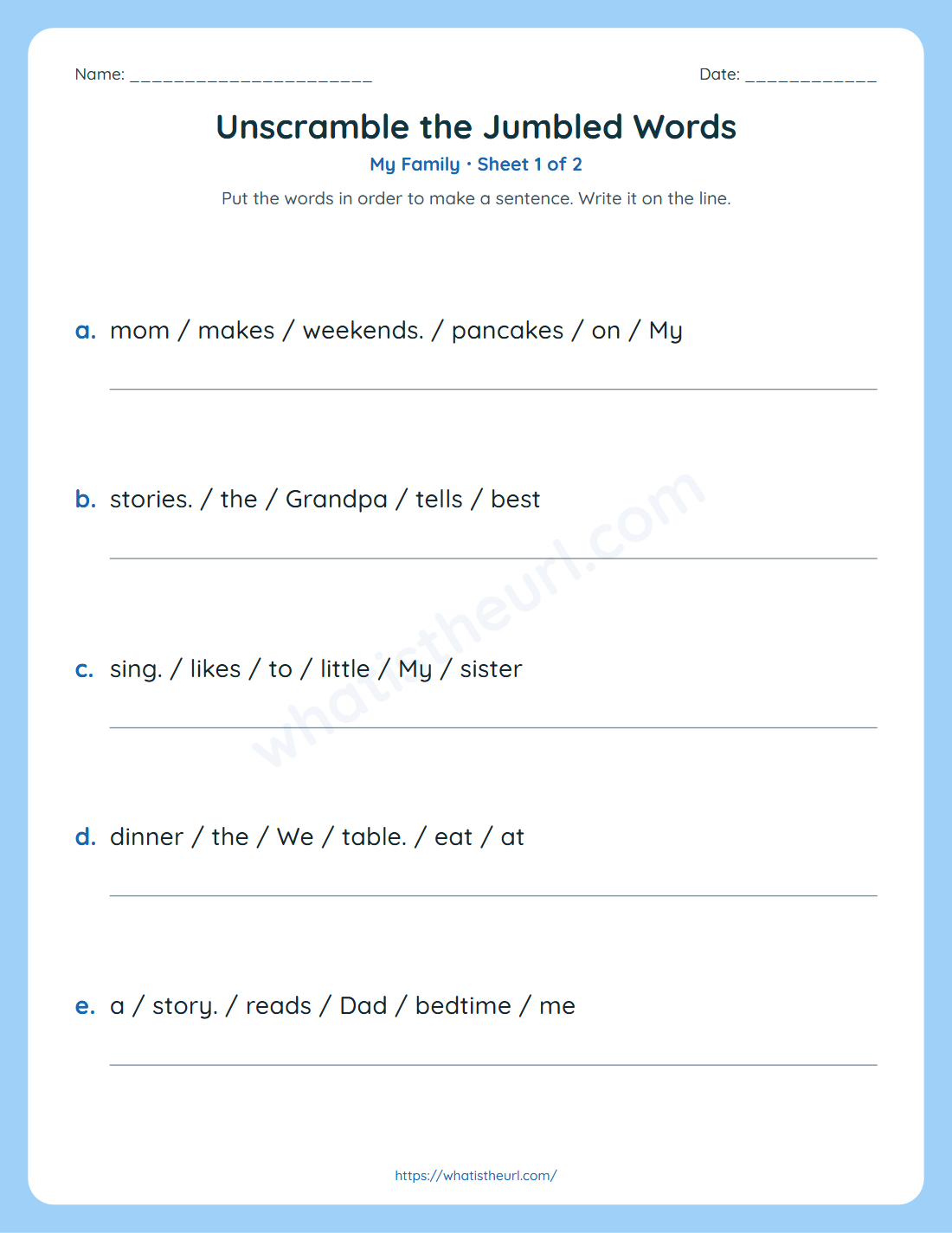 Unscramble the jumbled words worksheet for grade 2 - my family