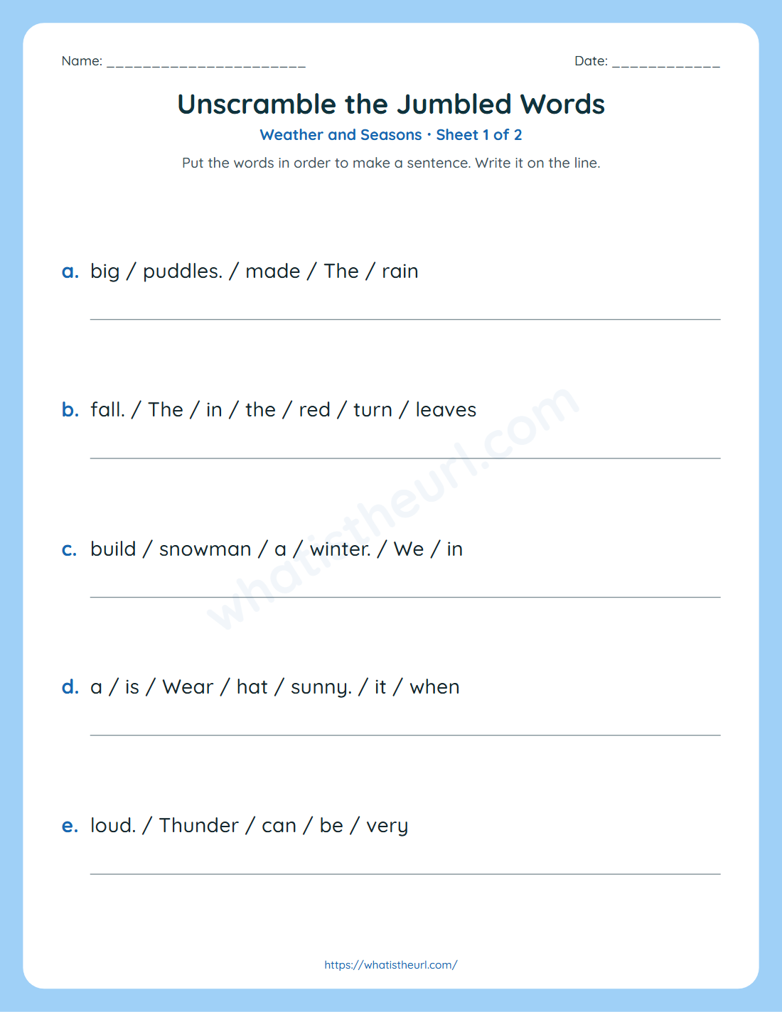 Unscramble the jumbled words worksheet for grade 2 - weather and seasons
