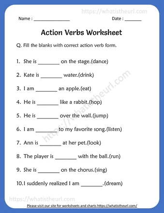 Action Verbs Worksheets for 3rd Grade worksheet preview