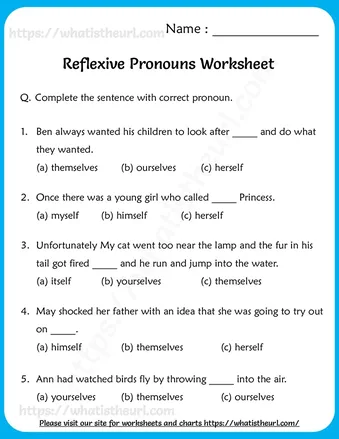 Reflexive Pronouns Worksheet for Grade 6 worksheet preview