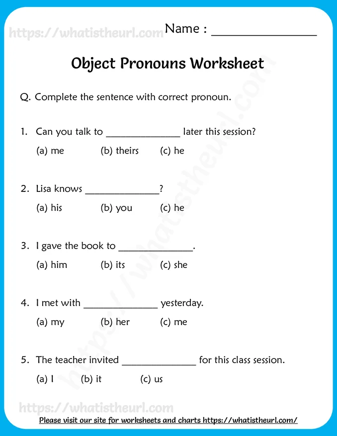 Object Pronouns Worksheet for Grade 4