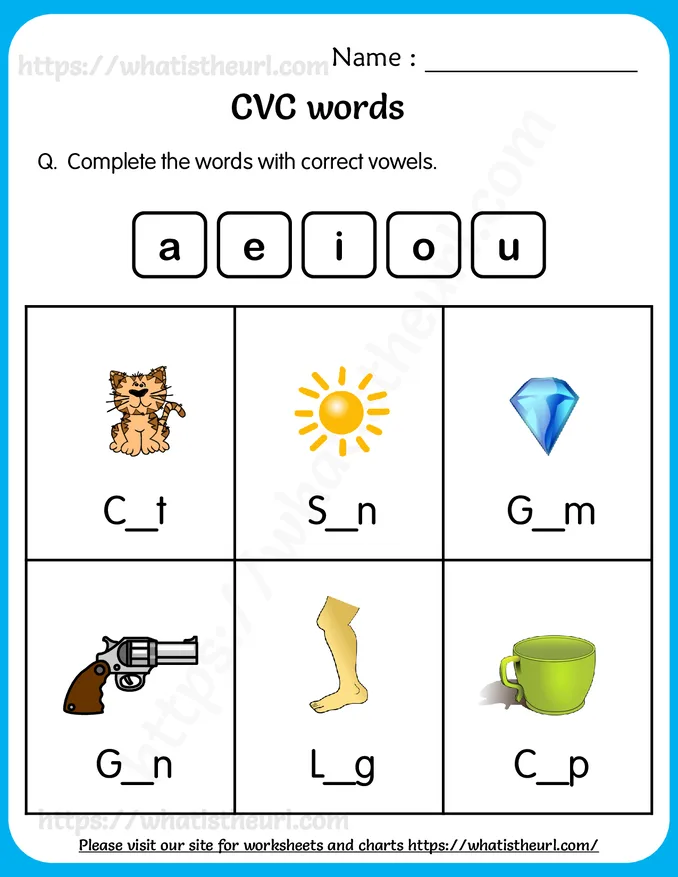 CVC words Worksheets for Grade 1 - Make the word by filling correct vowels