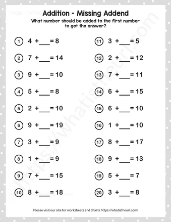 Missing Addend – Sums no more than 20 – Exercise 1 worksheet preview Missing Addend – Sums no more than 20 – Exercise 1 worksheet preview