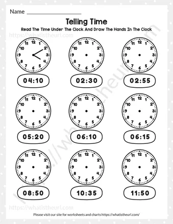 The BIGGEST Telling time Worksheets,  5-minute intervals (Draw the clock hands) worksheet preview