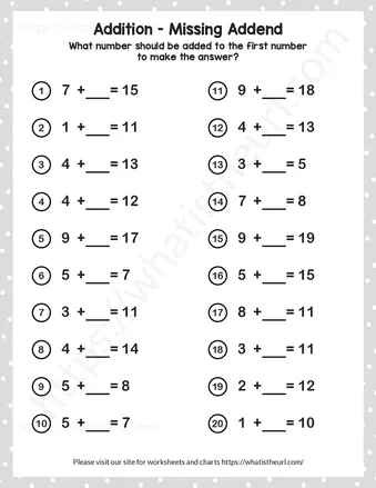 Missing addend – sums no more than 20 – Exercise 2 worksheet preview Missing addend – sums no more than 20 – Exercise 2 worksheet preview