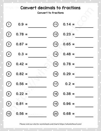 Convert decimals to fractions – Exercise 1 worksheet preview