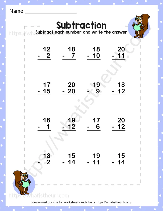 Subtraction up to 20-Exercise 1