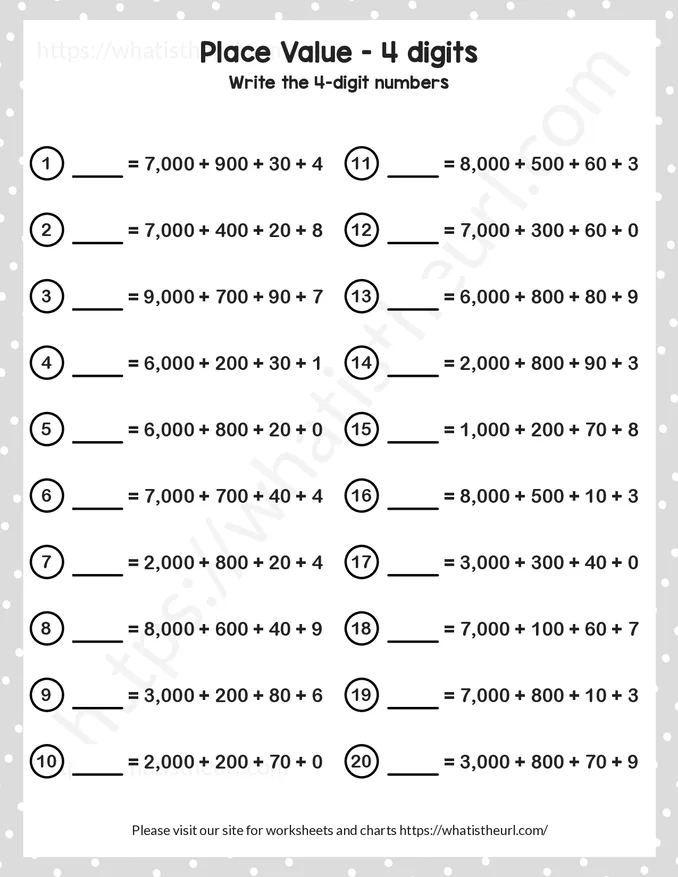 Place Value-4 digits-Write the 4 digit numbers-exercise 6