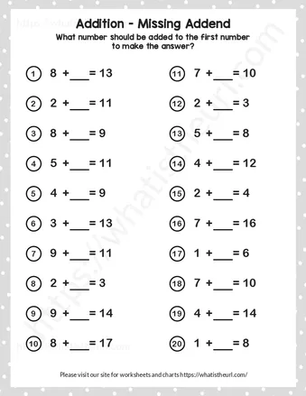 Missing addend- sums no more than 20-Exercise 5 worksheet preview Missing addend- sums no more than 20-Exercise 5 worksheet preview