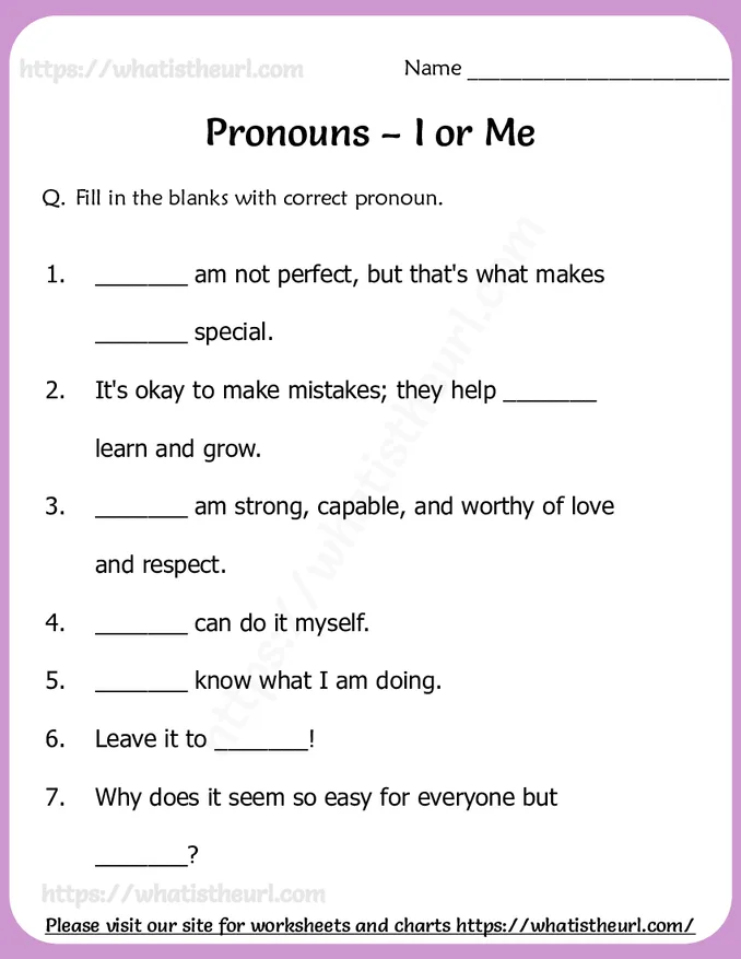 Pronouns - I or Me - Worksheet 1 (Answers provided)
