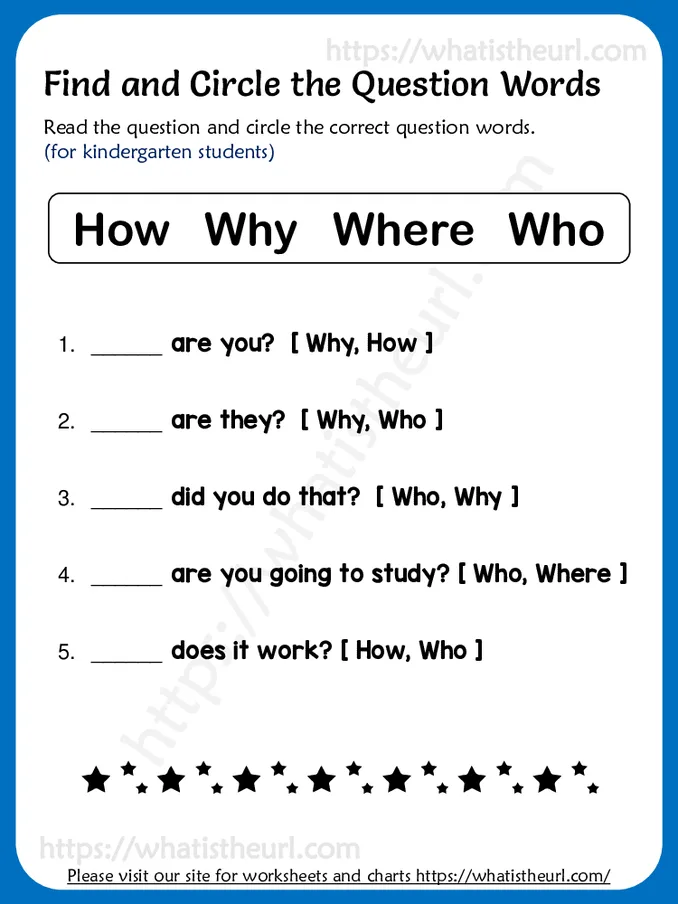 Question Words Worksheets for Kindergarten
