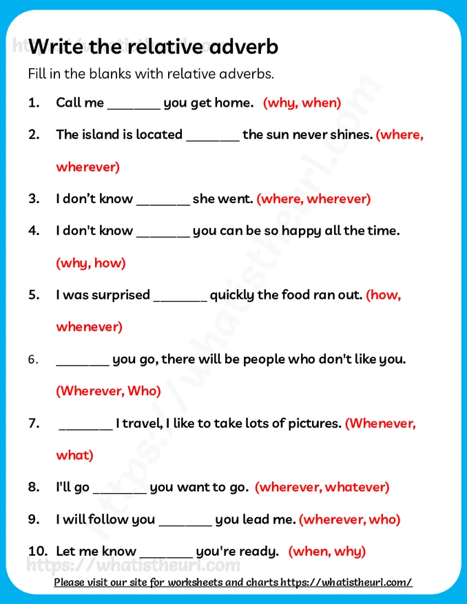 Relative Adverbs for Grade 4