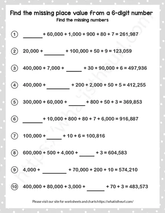 Find missing place value of 6 digit number for Grade 5 – Exercise 1 worksheet preview Find missing place value of 6 digit number for Grade 5 – Exercise 1 worksheet preview