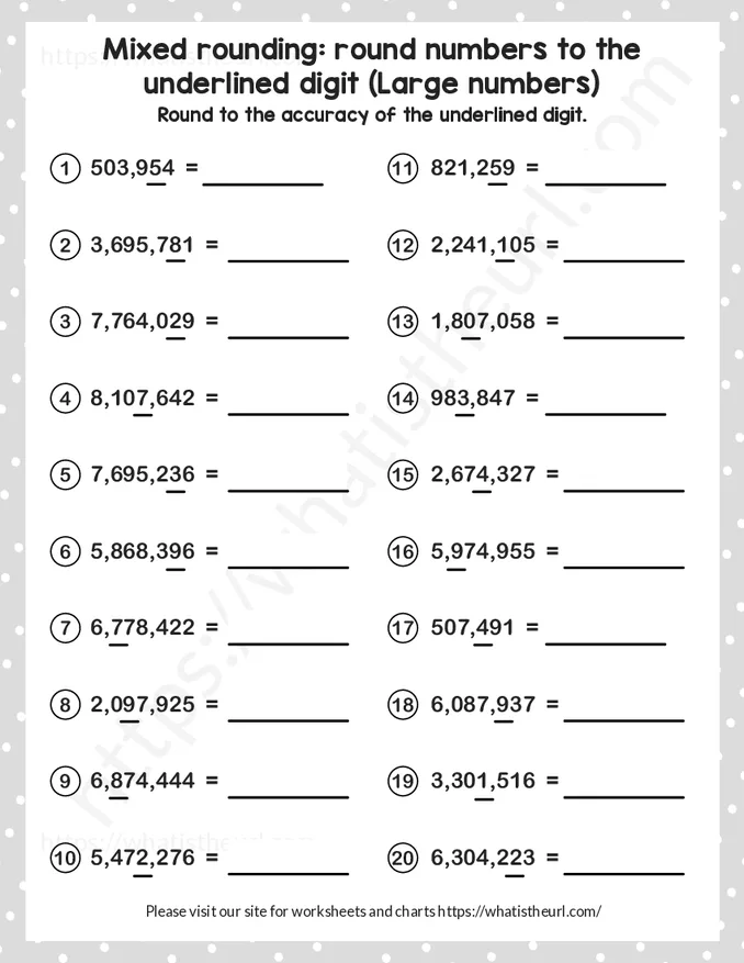 Mixed rounding to the underlined digit (Large Numbers) - Grade 5 - Exercise 1