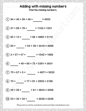 Missing addends (5 addends) – Grade 5 – Exercise 1 worksheet preview Missing addends (5 addends) – Grade 5 – Exercise 1 worksheet preview