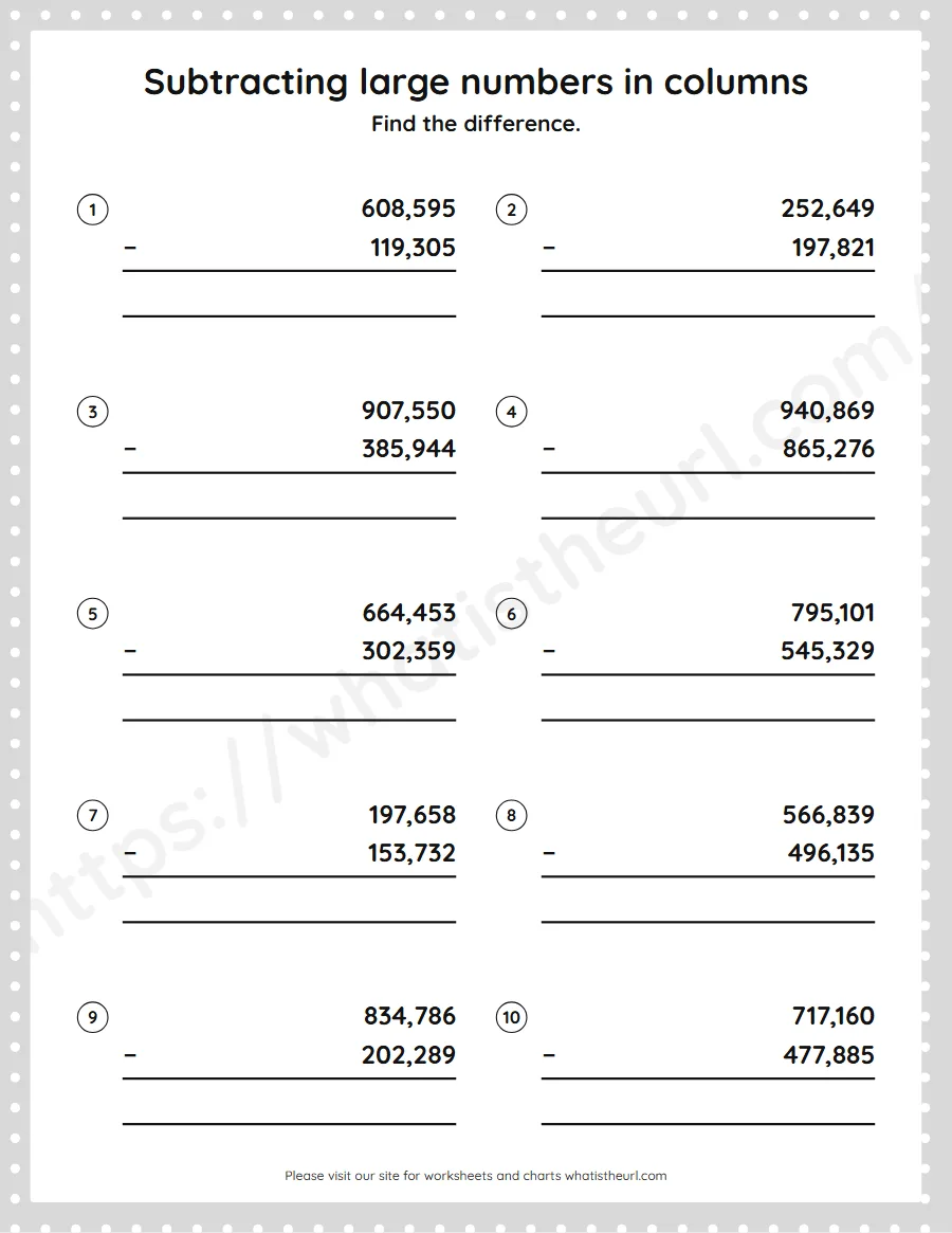 Grade 5 subtracting large numbers in columns worksheet - worksheet
