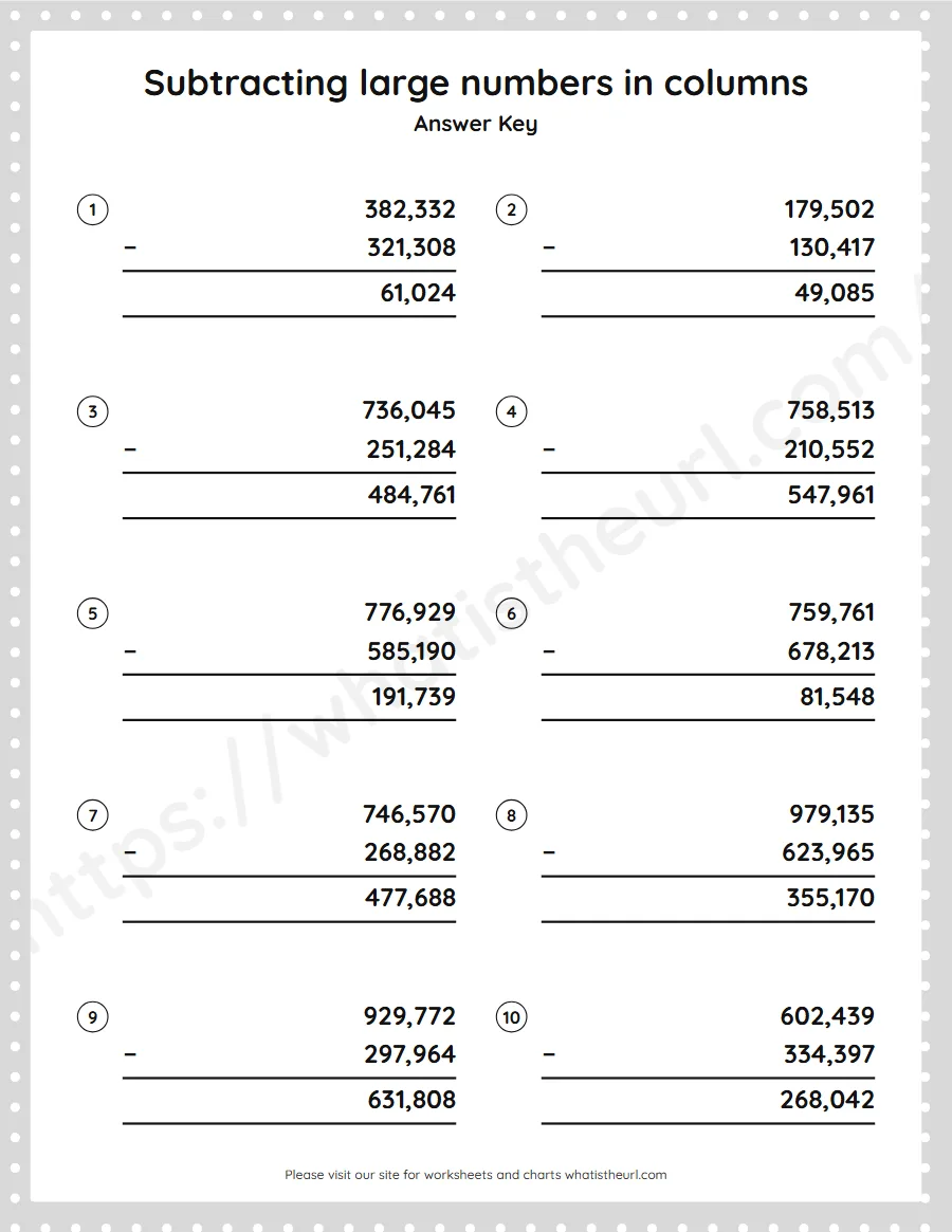 Grade 5 subtracting large numbers in columns worksheet - answer key