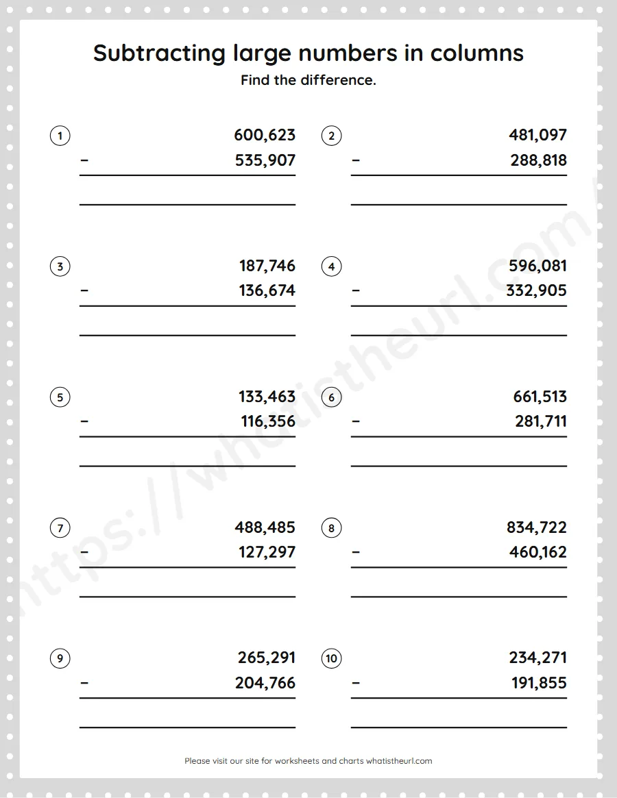 Grade 5 subtracting large numbers in columns worksheet - worksheet