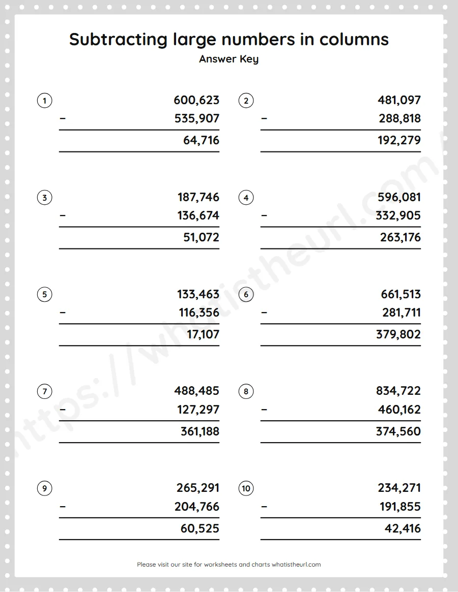 Grade 5 subtracting large numbers in columns worksheet - answer key
