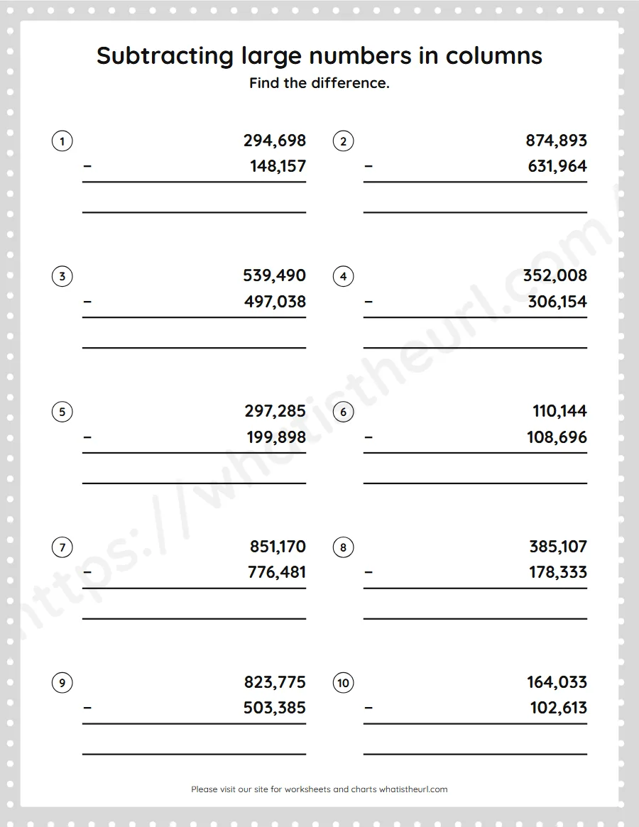 Grade 5 subtracting large numbers in columns worksheet - worksheet