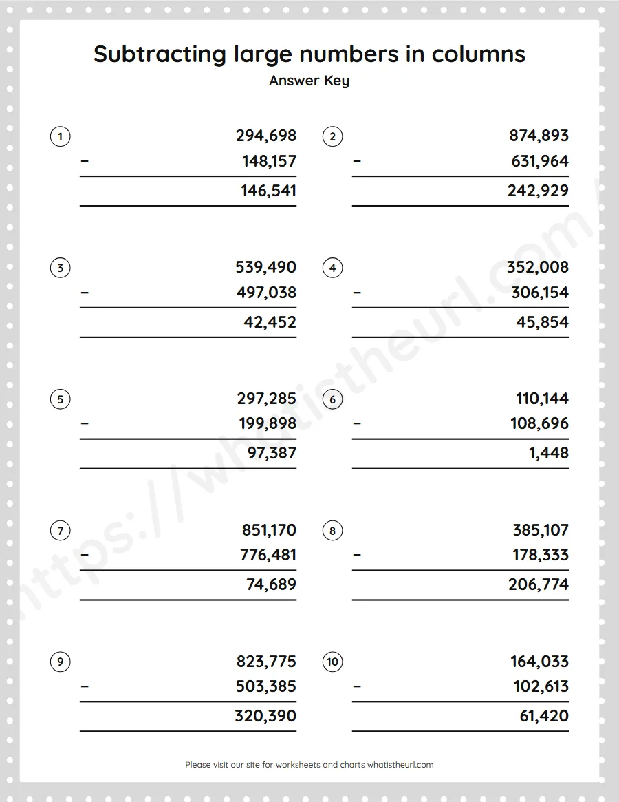 Grade 5 subtracting large numbers in columns worksheet - answer key