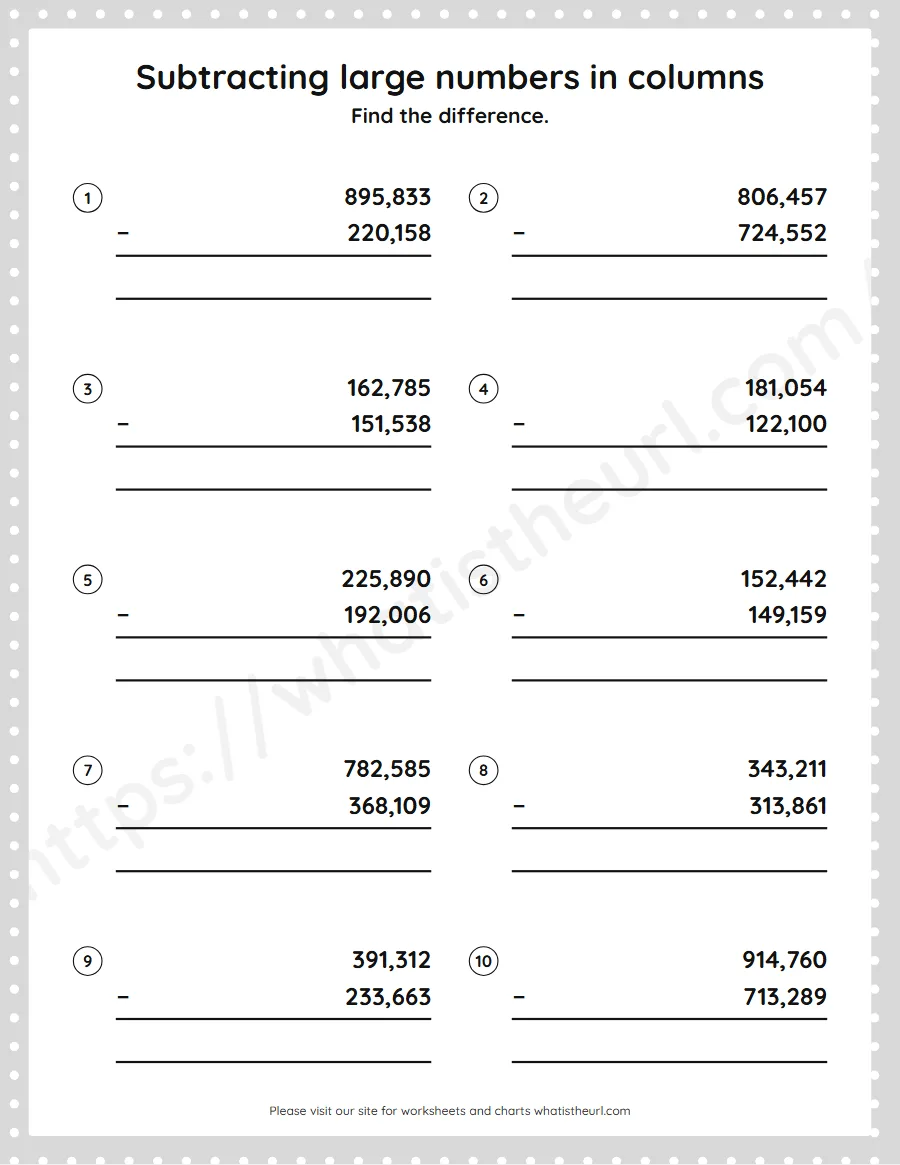 Grade 5 subtracting large numbers in columns worksheet - worksheet