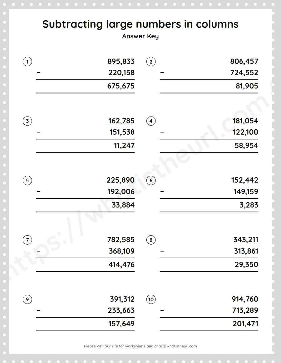 Grade 5 subtracting large numbers in columns worksheet - answer key