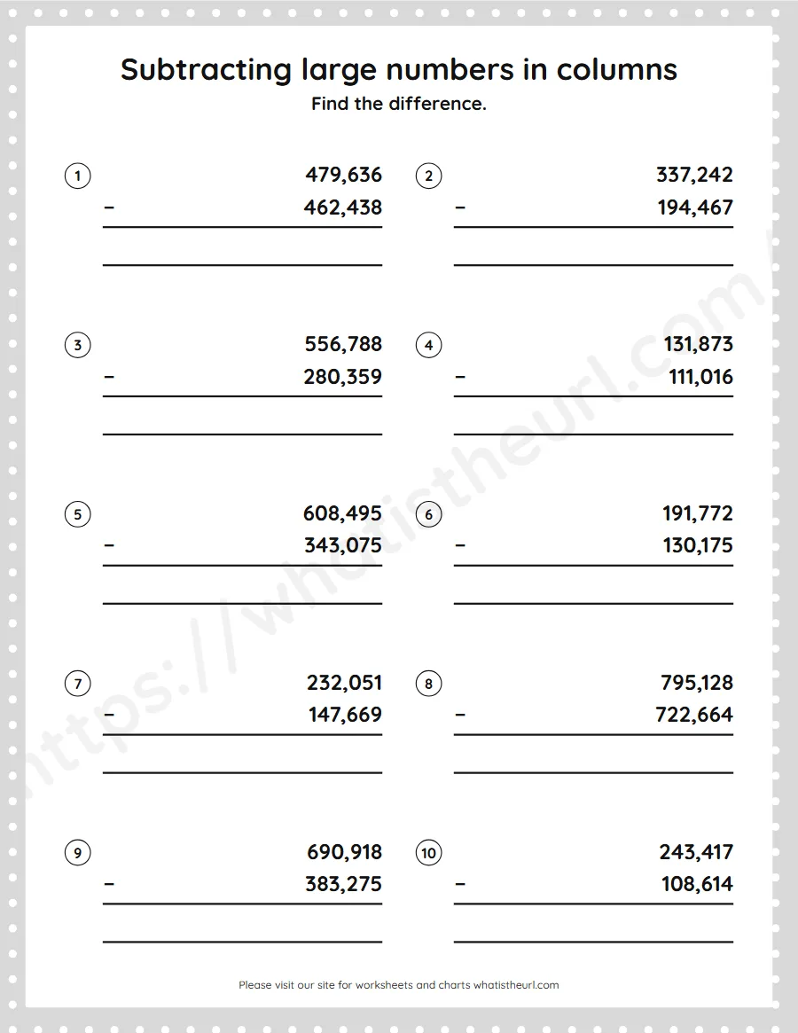 Grade 5 subtracting large numbers in columns worksheet - worksheet