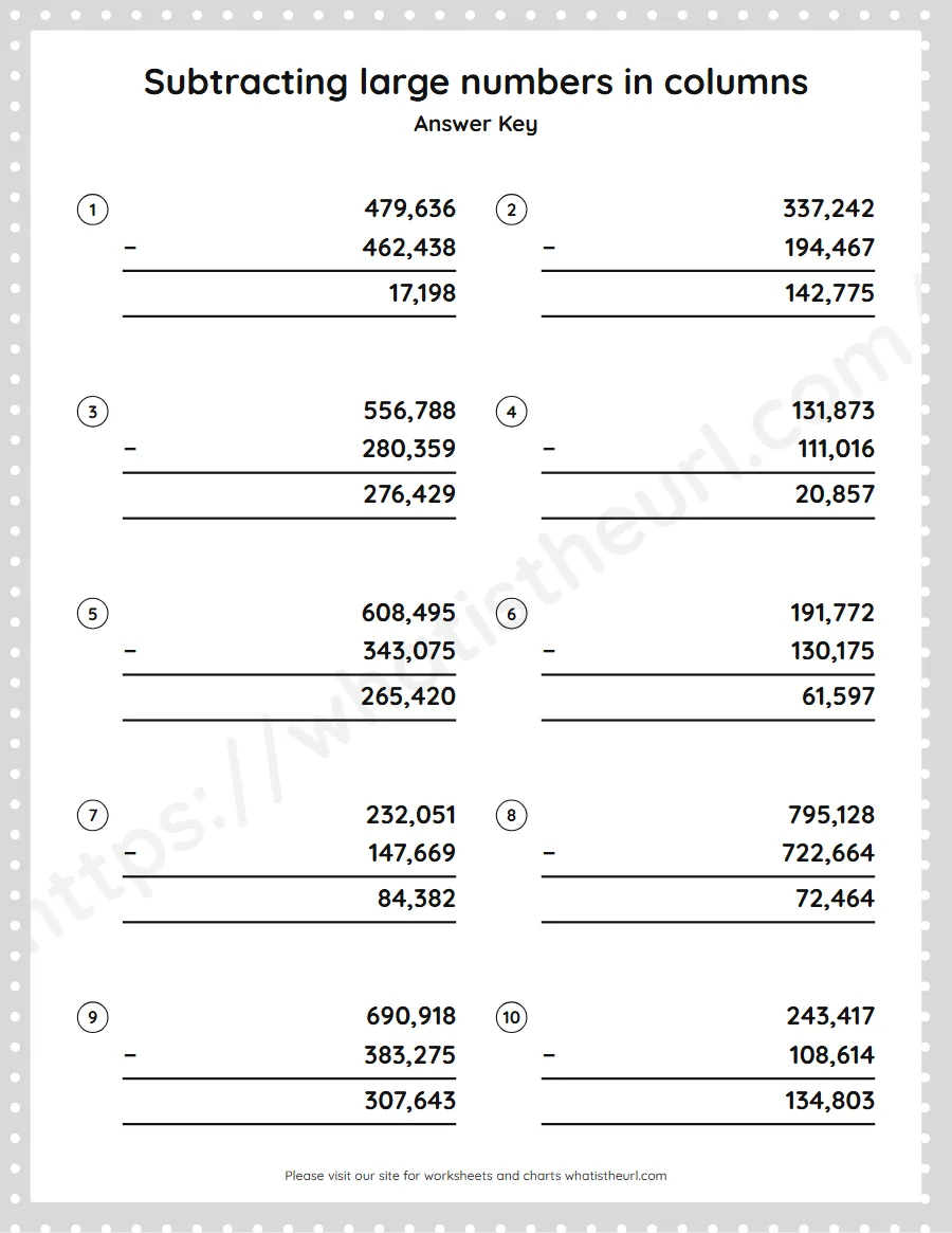 Grade 5 subtracting large numbers in columns worksheet - answer key