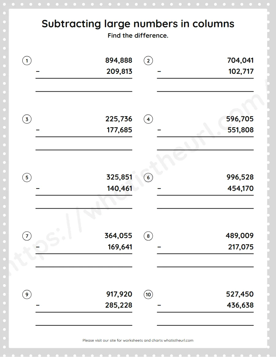 Grade 5 subtracting large numbers in columns worksheet - worksheet