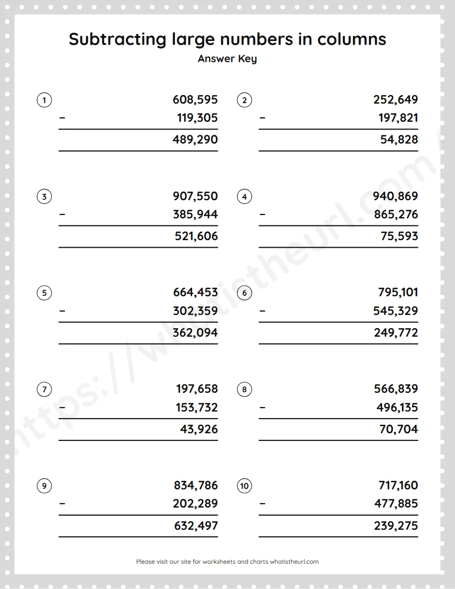 Grade 5 subtracting large numbers in columns worksheet - answer key