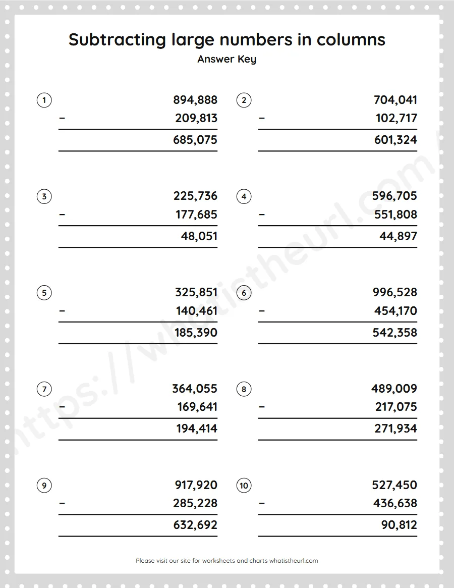 Grade 5 subtracting large numbers in columns worksheet - answer key