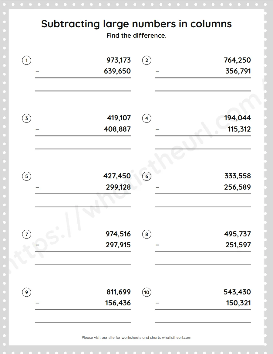 Grade 5 subtracting large numbers in columns worksheet - worksheet