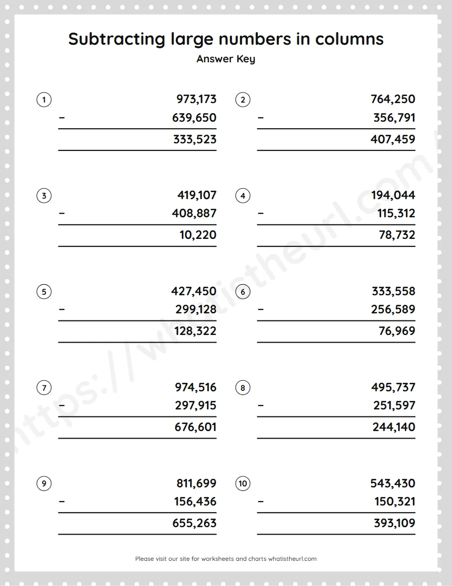 Grade 5 subtracting large numbers in columns worksheet - answer key