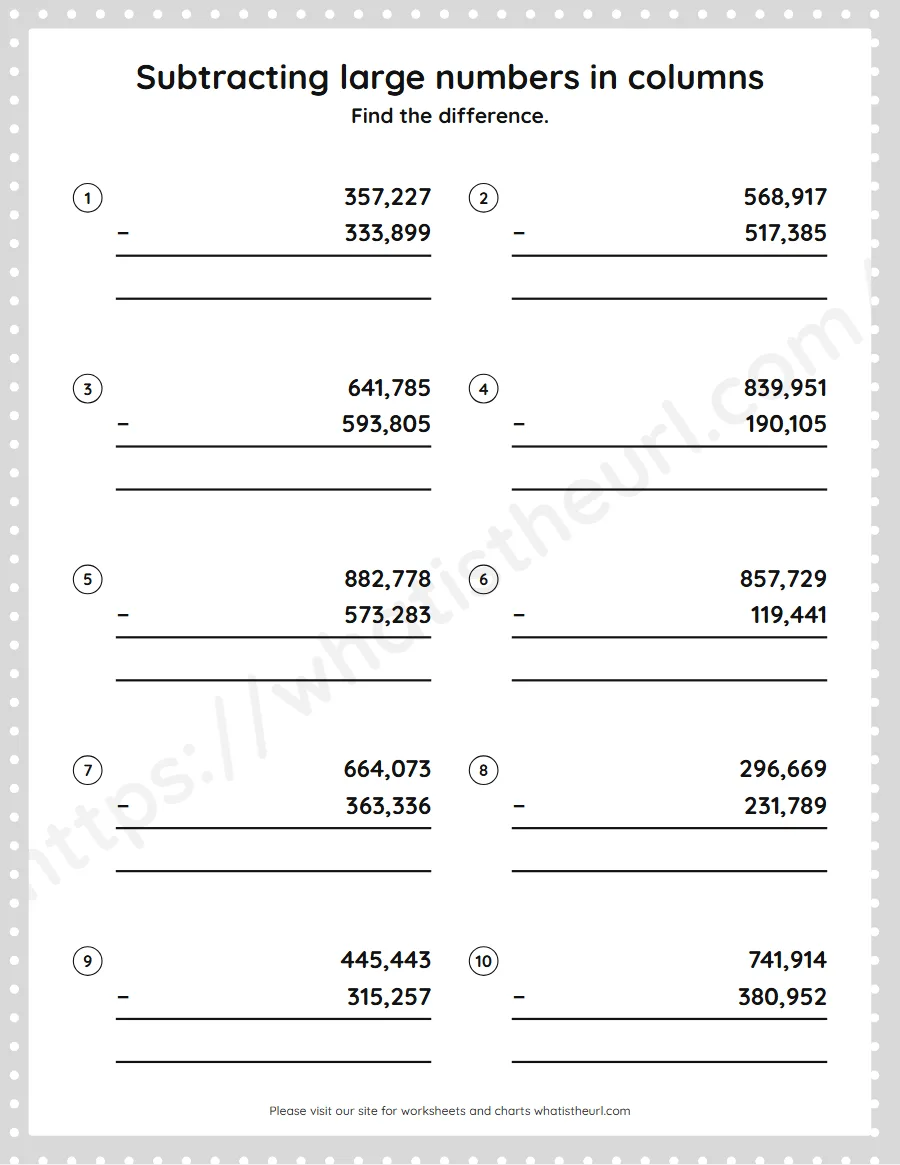 Grade 5 subtracting large numbers in columns worksheet - worksheet