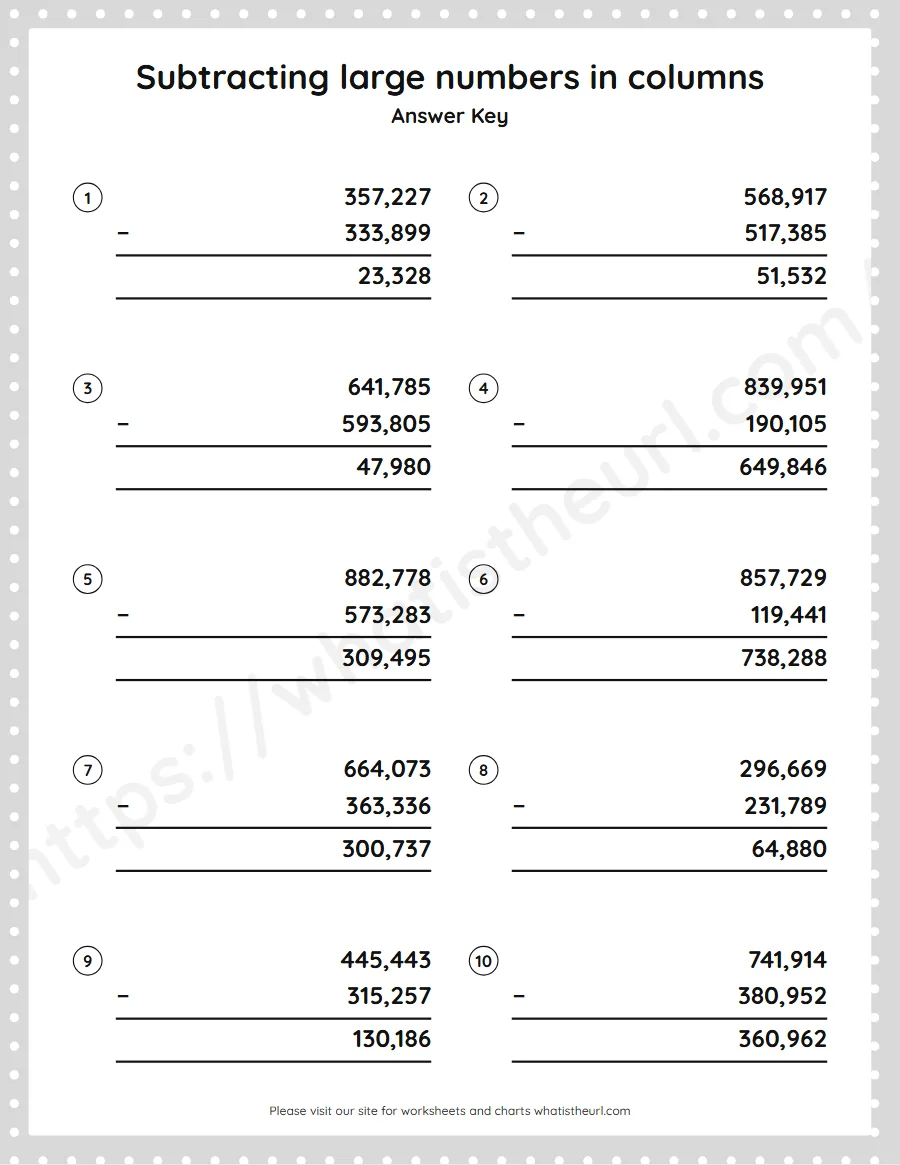 Grade 5 subtracting large numbers in columns worksheet - answer key