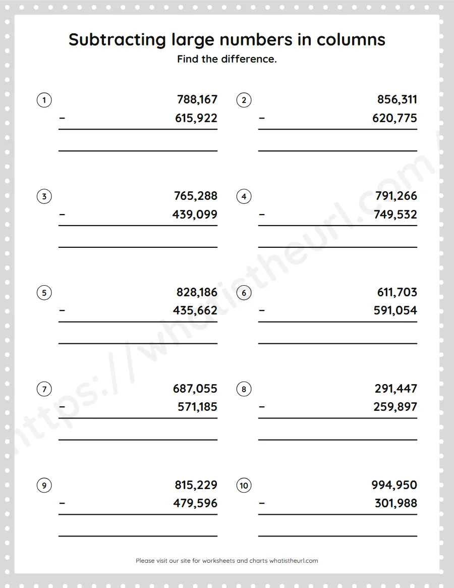Grade 5 subtracting large numbers in columns worksheet - worksheet