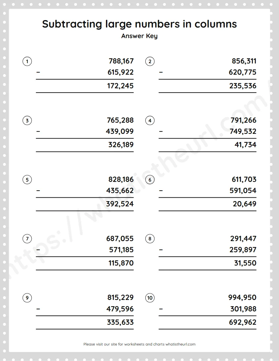 Grade 5 subtracting large numbers in columns worksheet - answer key