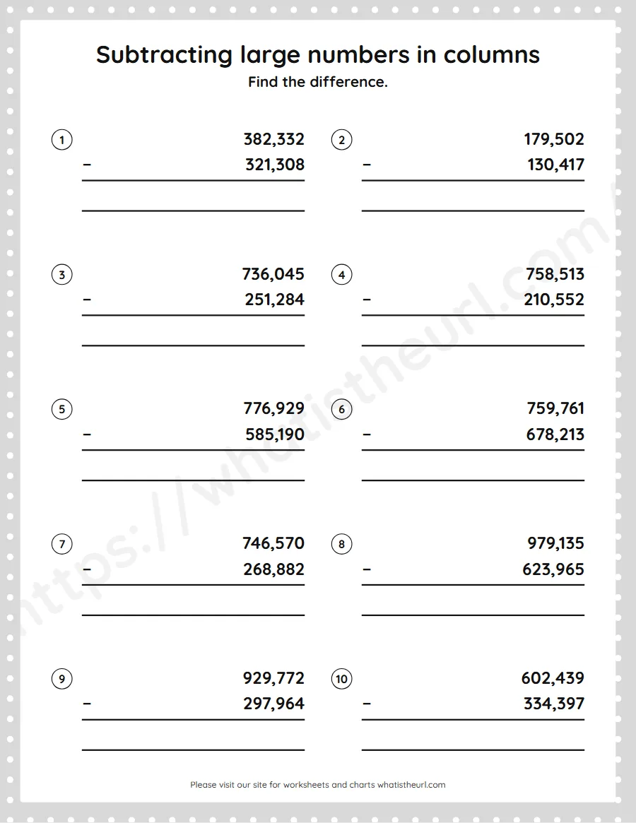 Grade 5 subtracting large numbers in columns worksheet - worksheet