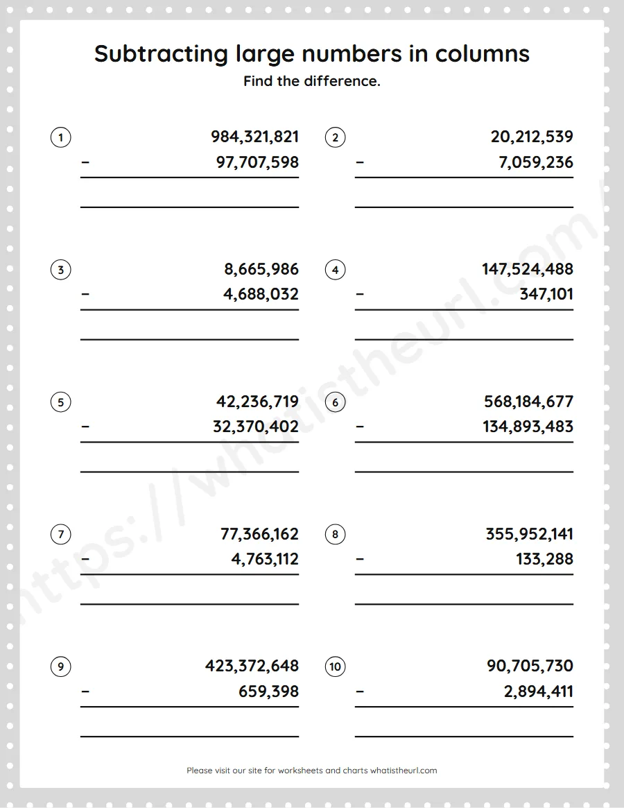 Grade 5 subtracting large numbers in columns worksheet - worksheet