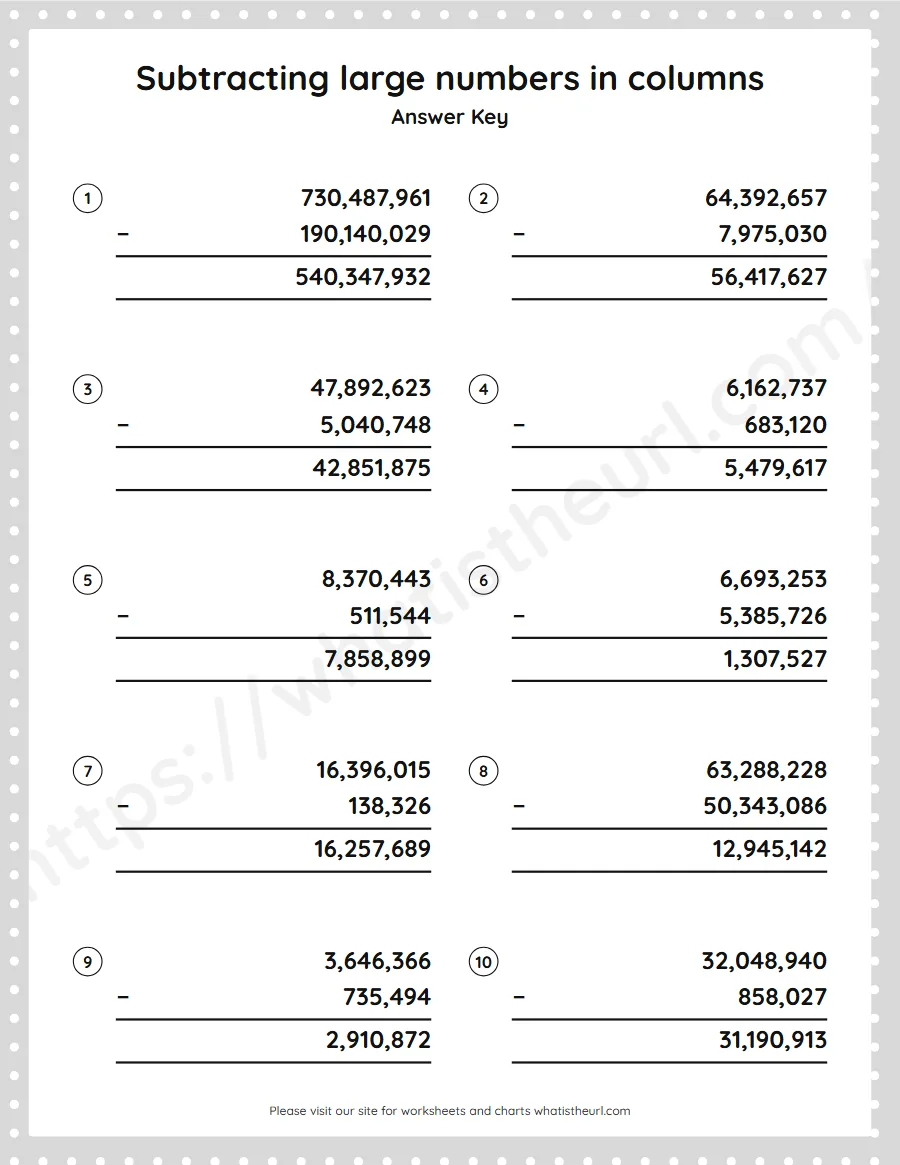 Grade 5 subtracting large numbers in columns worksheet - answer key