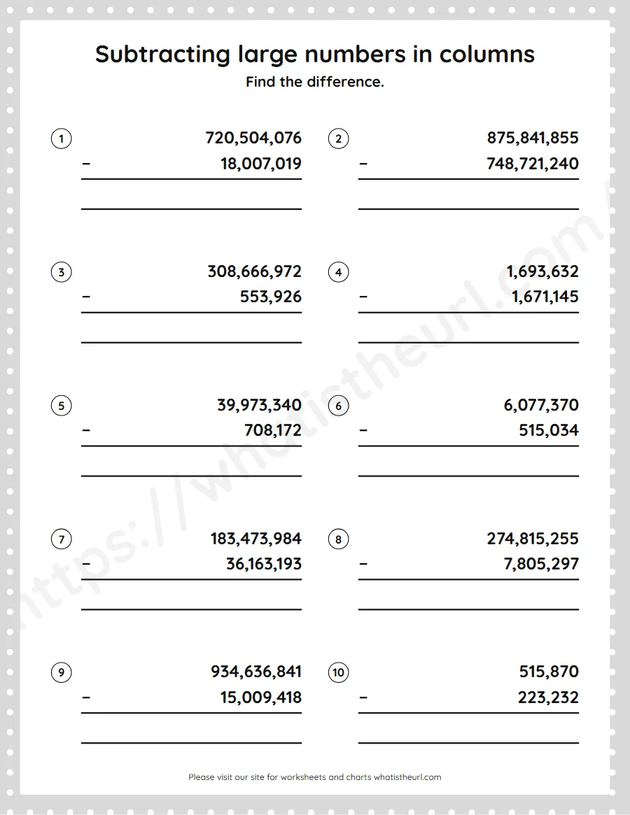 Grade 5 subtracting large numbers in columns worksheet - worksheet