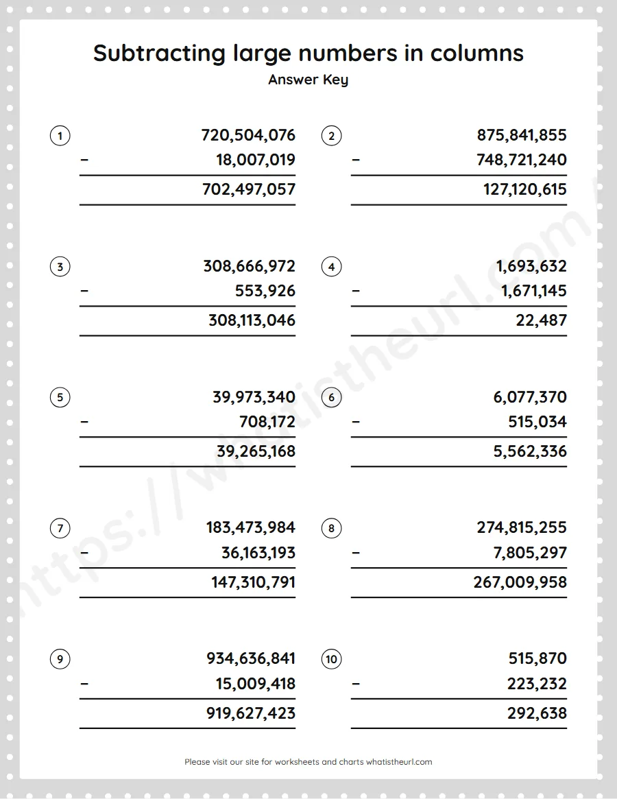 Grade 5 subtracting large numbers in columns worksheet - answer key