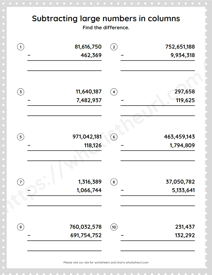 Grade 5 subtracting large numbers in columns worksheet - worksheet