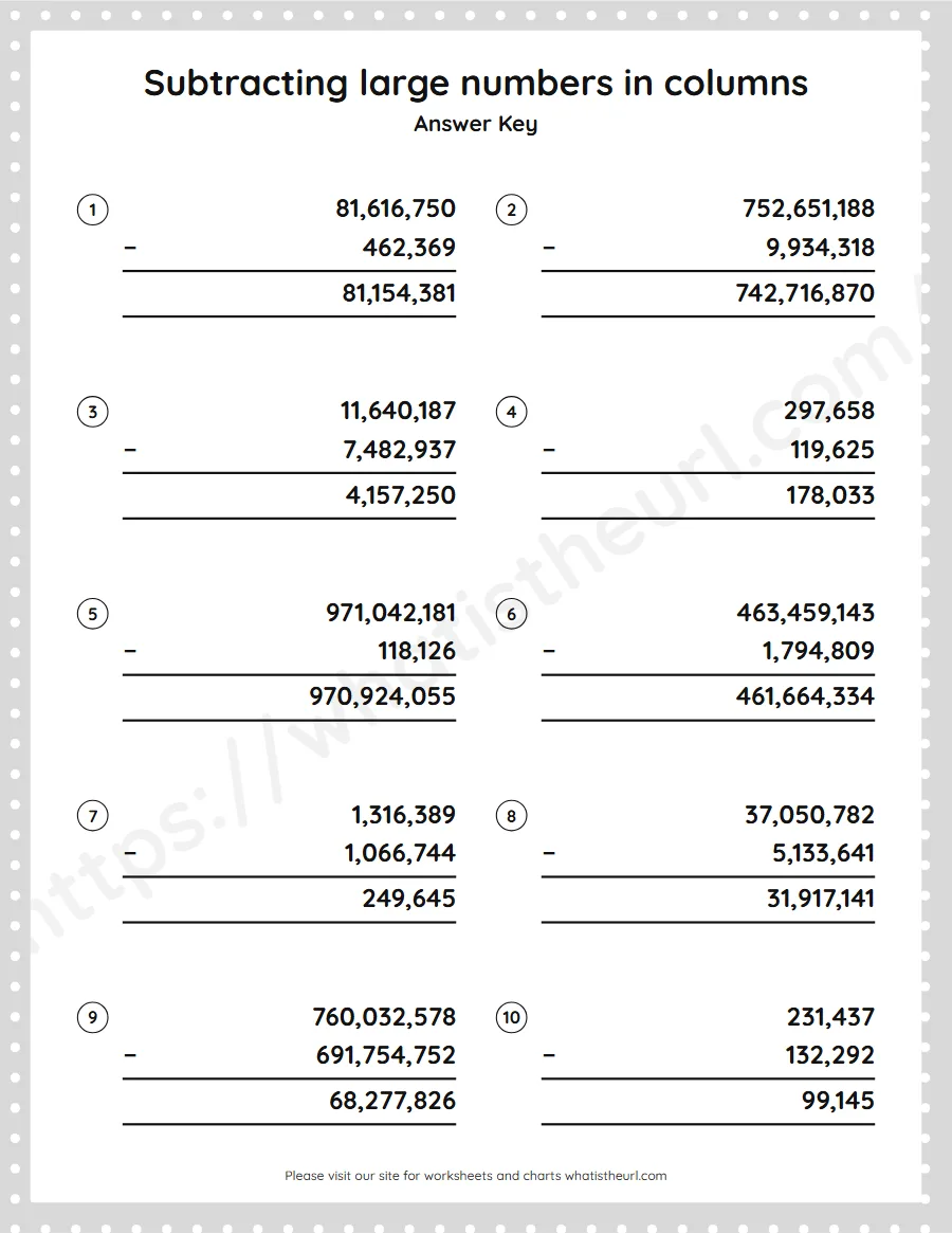 Grade 5 subtracting large numbers in columns worksheet - answer key